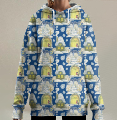 Зимний уютный дом с светом вечернего тепла, Hoodie Long Oversize 3D
