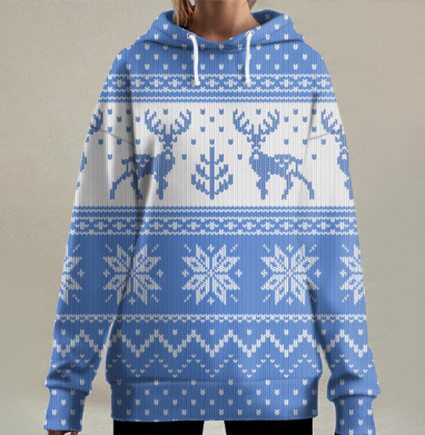 Уютный зимний свитер с орнаментом оленей и снежинок, Hoodie Long Oversize 3D