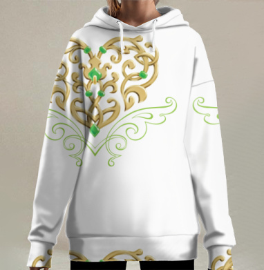 Золотое сердце с изящными зелеными узорами и камнями, Hoodie Long Oversize 3D