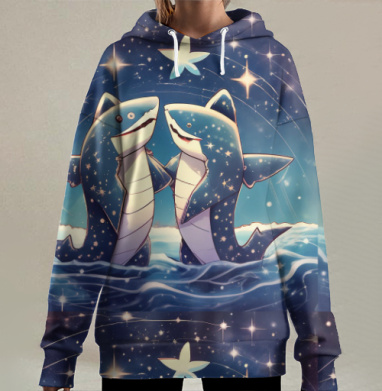 Две синие акулы на фоне ночного неба стоящих в воде, Hoodie Long Oversize 3D