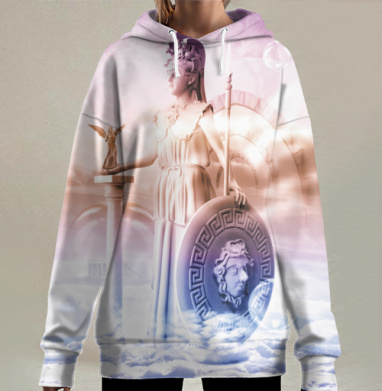 Статуя древнегреческой богини в облаках под луной, Hoodie Long Oversize 3D