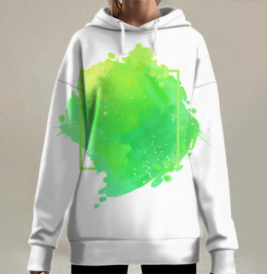Яркая зелёная акварель с геометрической рамкой и эффектом распыления, Hoodie Long Oversize 3D