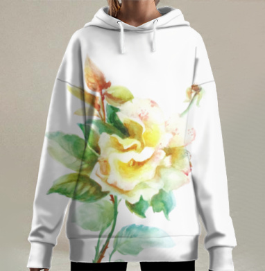 Акварельная Желтая Роза в Распускании, Hoodie Long Oversize 3D