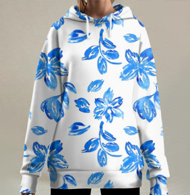 Акварельные синие цветы, Hoodie Long Oversize 3D