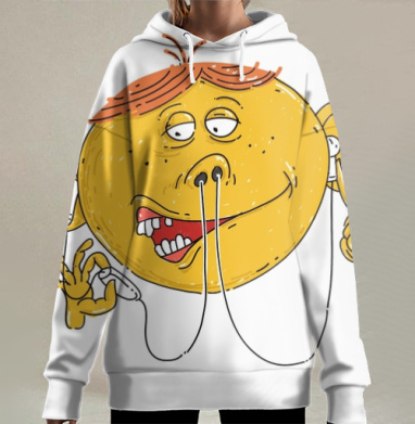 Желтое лицо с наушниками и юмором наушниками и юмором, Hoodie Long Oversize 3D