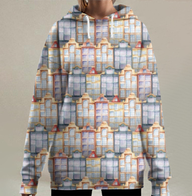 Акварельный узор «Уютный городской квартал», Hoodie Long Oversize 3D
