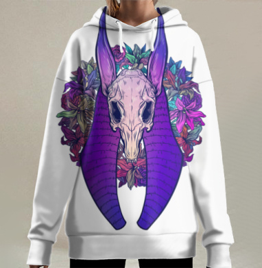 Череп животного с цветами фиолетовые длинные уши, Hoodie Long Oversize 3D