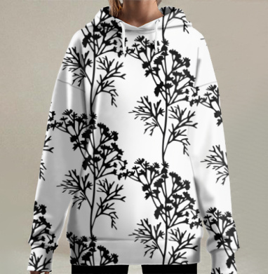 Черные ветви на сером фоне графика узор, Hoodie Long Oversize 3D