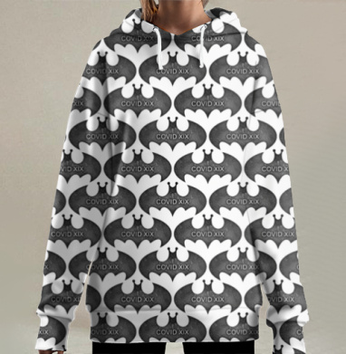 Черно серый символ коронавируса с надпись COVID XIX, Hoodie Long Oversize 3D