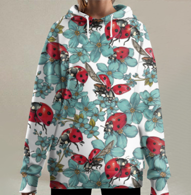 Божьи коровки на ветках с голубыми цветами, Hoodie Long Oversize 3D