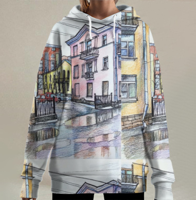 Пастельная городская улица с мокрым асфальтом Санкт Петербург, Hoodie Long Oversize 3D