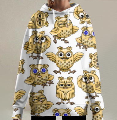 Весёлые жёлтые совы на чёрном фоне забавные эффекты, Hoodie Long Oversize 3D