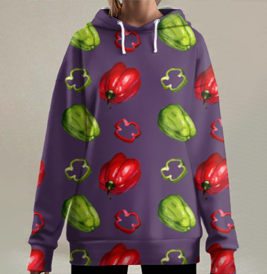 Сладкие красные зеленые перцы фиолетовом фоне, Hoodie Long Oversize 3D