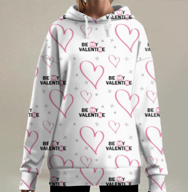 Розовые сердца Будь моим Валентином текстовые надписи, Hoodie Long Oversize 3D
