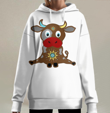 Весёлый коричневый бычок со звёздами анимация сидя ноги, Hoodie Long Oversize 3D