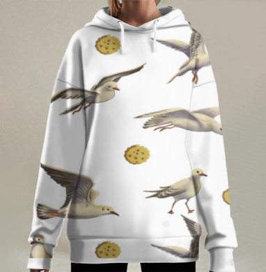 Белые чайки с кексами в полете на белом фоне, Hoodie Long Oversize 3D