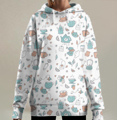 Утреннее чаепитие в мятном нежном стиле на фоне легкой пастели, Hoodie Long Oversize 3D