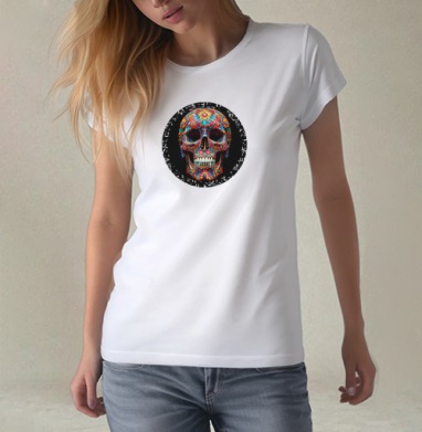 Floral Skull - Цветочный мексиканский череп яркий красочный декор, Футболка женская белая 180гр