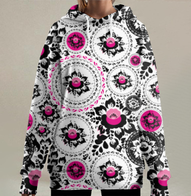 Яркий цветочный узор в стиле фольклорного дизайна, Hoodie Long Oversize 3D