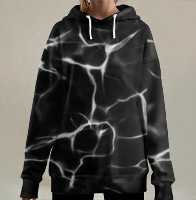 Черный мраморный орнамент с белыми прожилками светящегося эффекта, Hoodie Long Oversize 3D