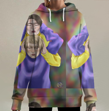 Два человека в желтом и фиолетовом одежде взаимная поддержка, Hoodie Long Oversize 3D