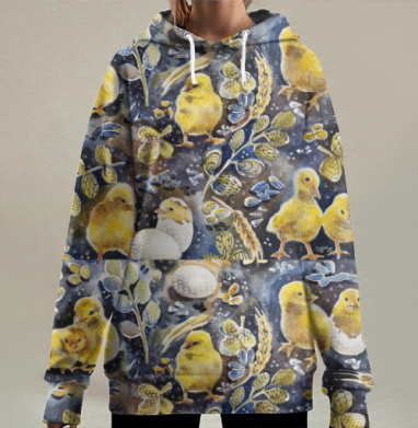 Жёлтые цыплята весеннее пробуждение яйца, Hoodie Long Oversize 3D