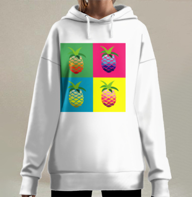 Яркие четырехцветные ананасы в поп арт стиле на зеленом розовом фоне, Hoodie Long Oversize 3D