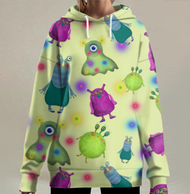 Яркие фантастические монстры на кислотно зелёном фоне живые звёзды, Hoodie Long Oversize 3D