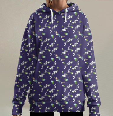 Весенние нежные цветы на тёмно синем фоне, Hoodie Long Oversize 3D