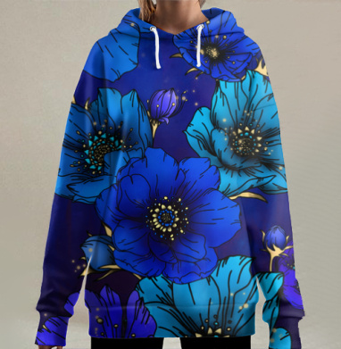 Синие цветы на темном фоне для яркости и загадочности, Hoodie Long Oversize 3D
