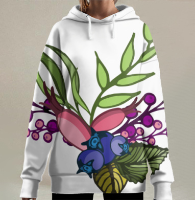 Ягодно листочная композиция в зелёных розовых синих тонах, Hoodie Long Oversize 3D