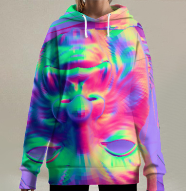 Яркая Неоновая Маска Лицом Вверх Перевернутая, Hoodie Long Oversize 3D