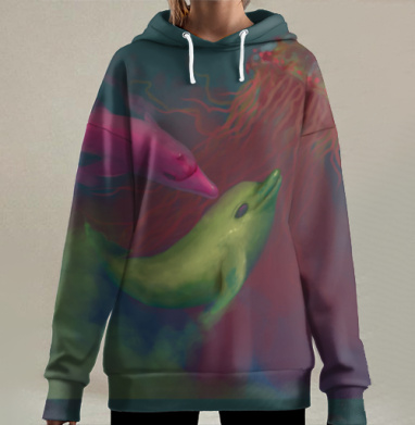 Зеленый и розовый дельфины у красной медузы под водой, Hoodie Long Oversize 3D