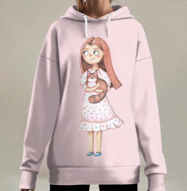 Девушка держит кота в платье нежных оттенков, Hoodie Long Oversize 3D