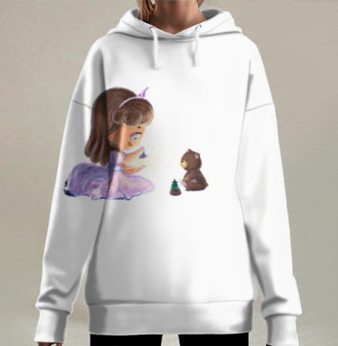 Девочка создает магию с мишкой и елкой играя волшебство, Hoodie Long Oversize 3D