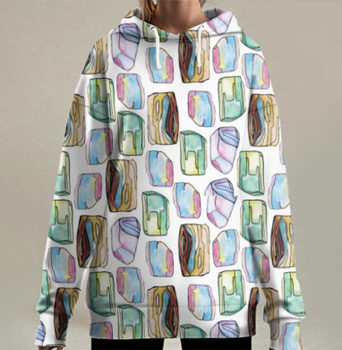 Нежный узор с акварельными самоцветами и минералами, Hoodie Long Oversize 3D
