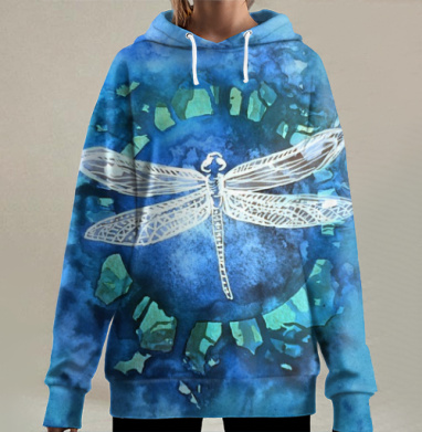 Изящная стрекоза в синем акварельном круге, Hoodie Long Oversize 3D