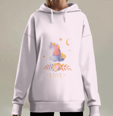 Маленький розовый единорог на облаке с надписью любовь, Hoodie Long Oversize 3D