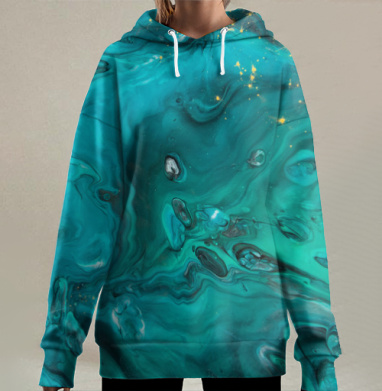 Глубокая Бирюза Зеленовато Золотое Пламя живое энергичное, Hoodie Long Oversize 3D