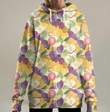 Яркий урожай сочных яблок груш и слив на белом, Hoodie Long Oversize 3D