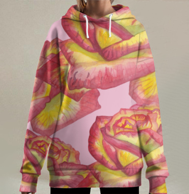 Яркие Желто Розовые Акварельные Розы на Розовом фоне, Hoodie Long Oversize 3D