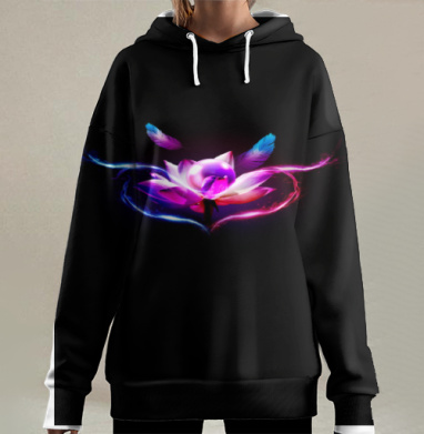 Лотос с огнём и перьями в неоновом сиянии, Hoodie Long Oversize 3D