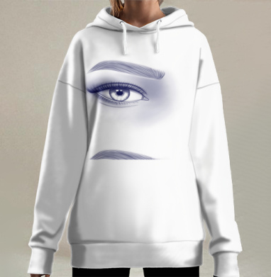 Женский взгляд с глубокой выразительностью на синем фоне, Hoodie Long Oversize 3D