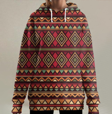 Этнический узор с алмазами и треугольниками, Hoodie Long Oversize 3D