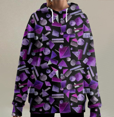 Геометрические фигуры в фиолетовых и серых тонах на черном фоне, Hoodie Long Oversize 3D