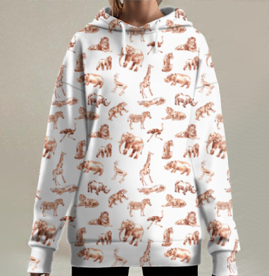 Животные саванны в кофейных тонах на сером фоне, Hoodie Long Oversize 3D