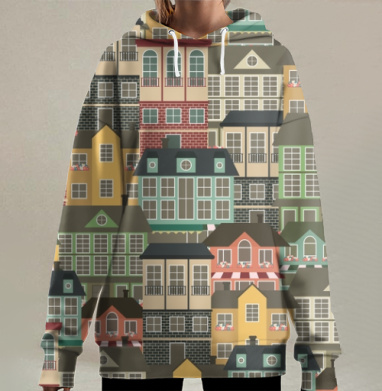 Уютные европейские дома на узкой улочке, Hoodie Long Oversize 3D