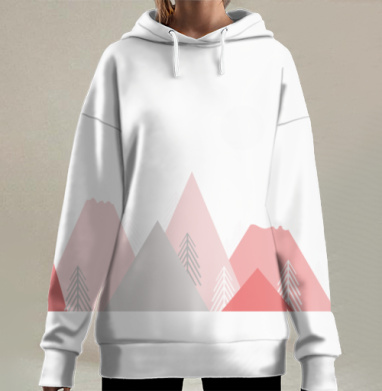 Красные горы с елями на фоне солнца, Hoodie Long Oversize 3D