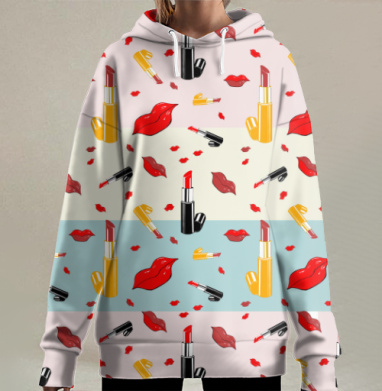Яркие губы помада макияж красный желтый, Hoodie Long Oversize 3D