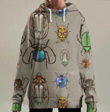 Яркие разноцветные жуки коллекция на бежевом фоне, Hoodie Long Oversize 3D